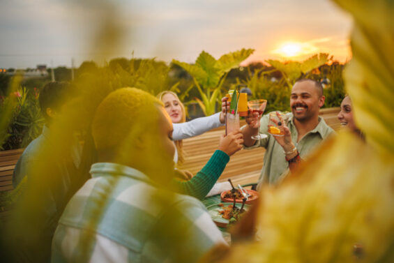 A group of friends clink glasses at a bar.