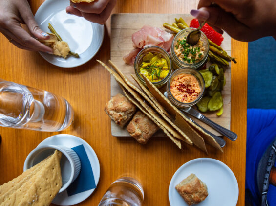 A table of food at a restaurant.